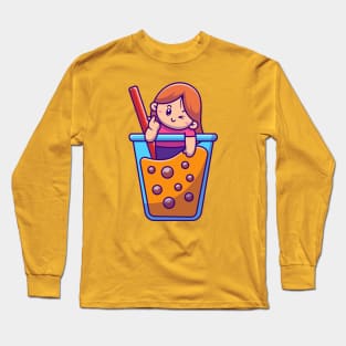 Cute Girl Loving Bubble Tea Cartoon Long Sleeve T-Shirt